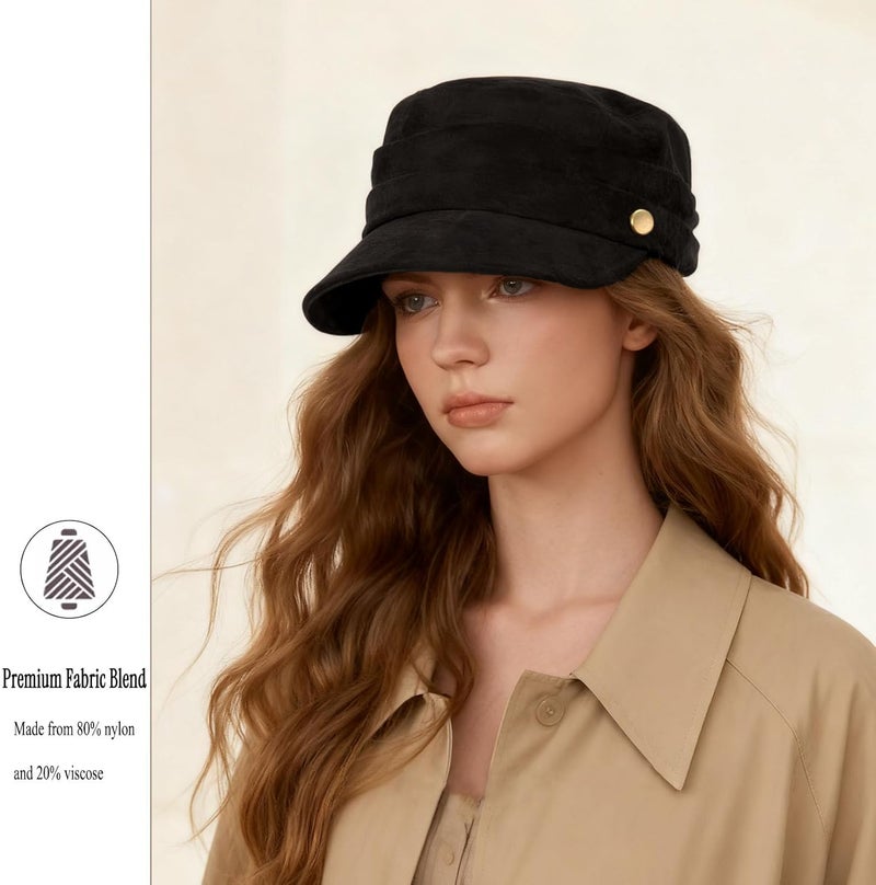 huablo Women's Suede Flat Top Newsboy Cap - Soft Brim & Hook - and - Loop Adjustment - Fall Winter Cabbie Paperboy Hats - Image 2